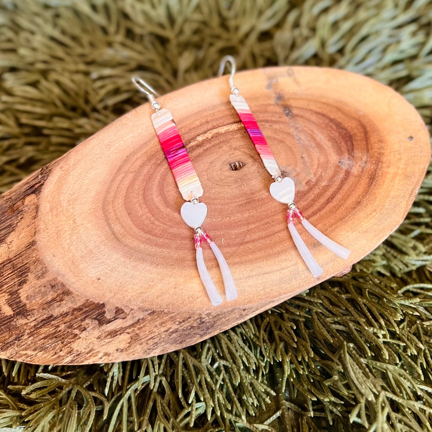 Pink Heart Dentalium Earrings