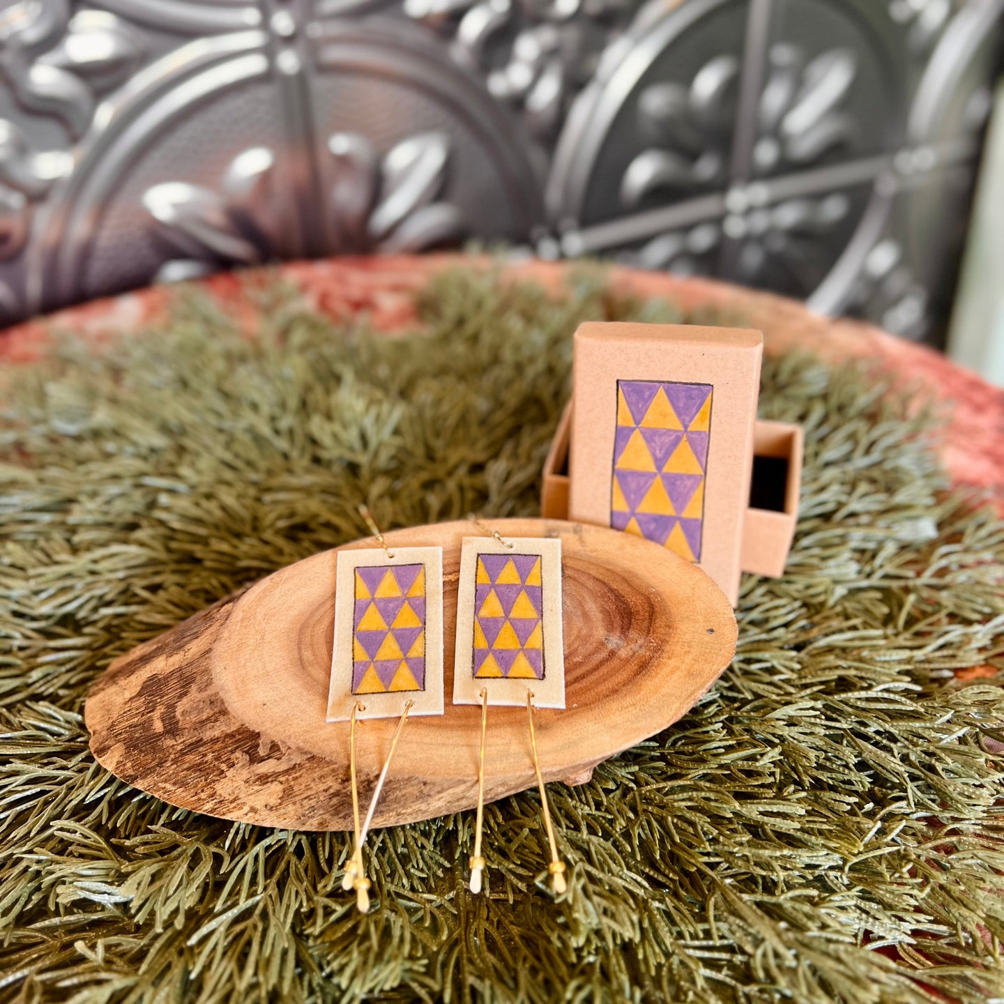 Painted Earrings with Box - Yellow/Purple