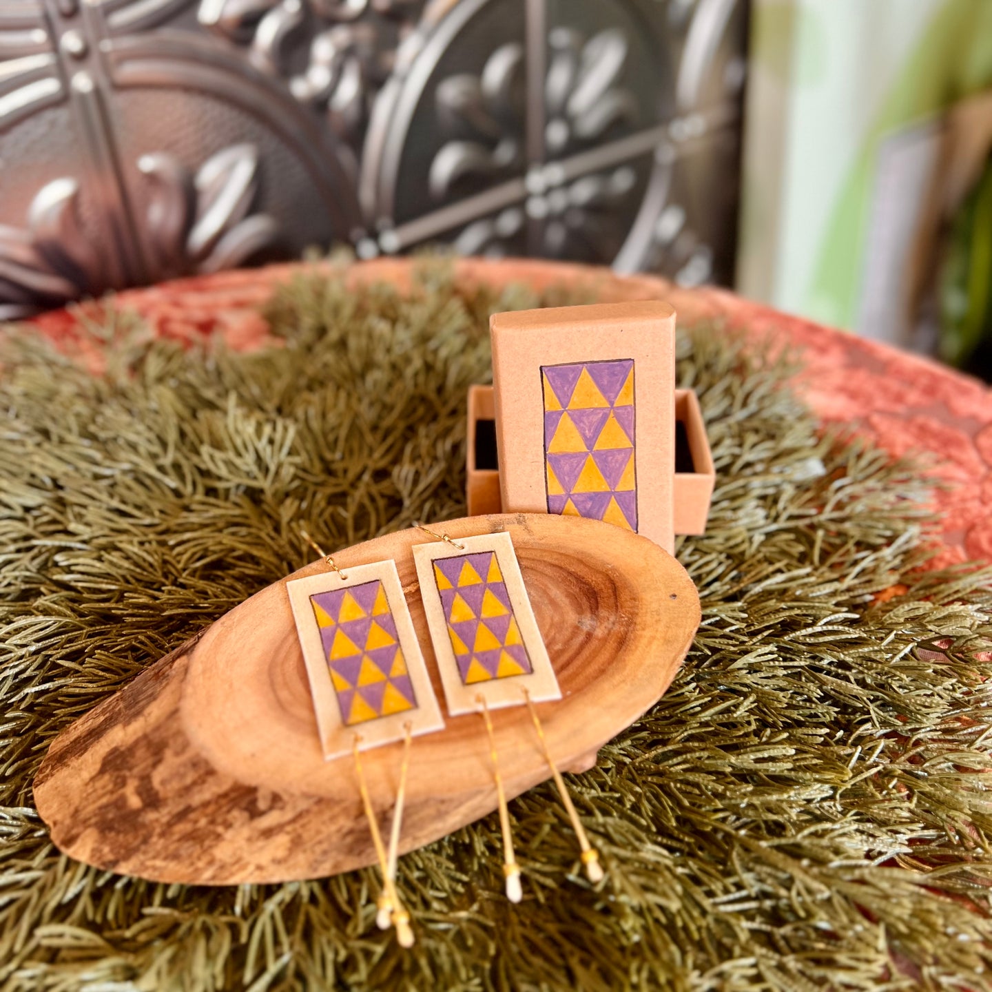 Painted Earrings with Box - Yellow/Purple