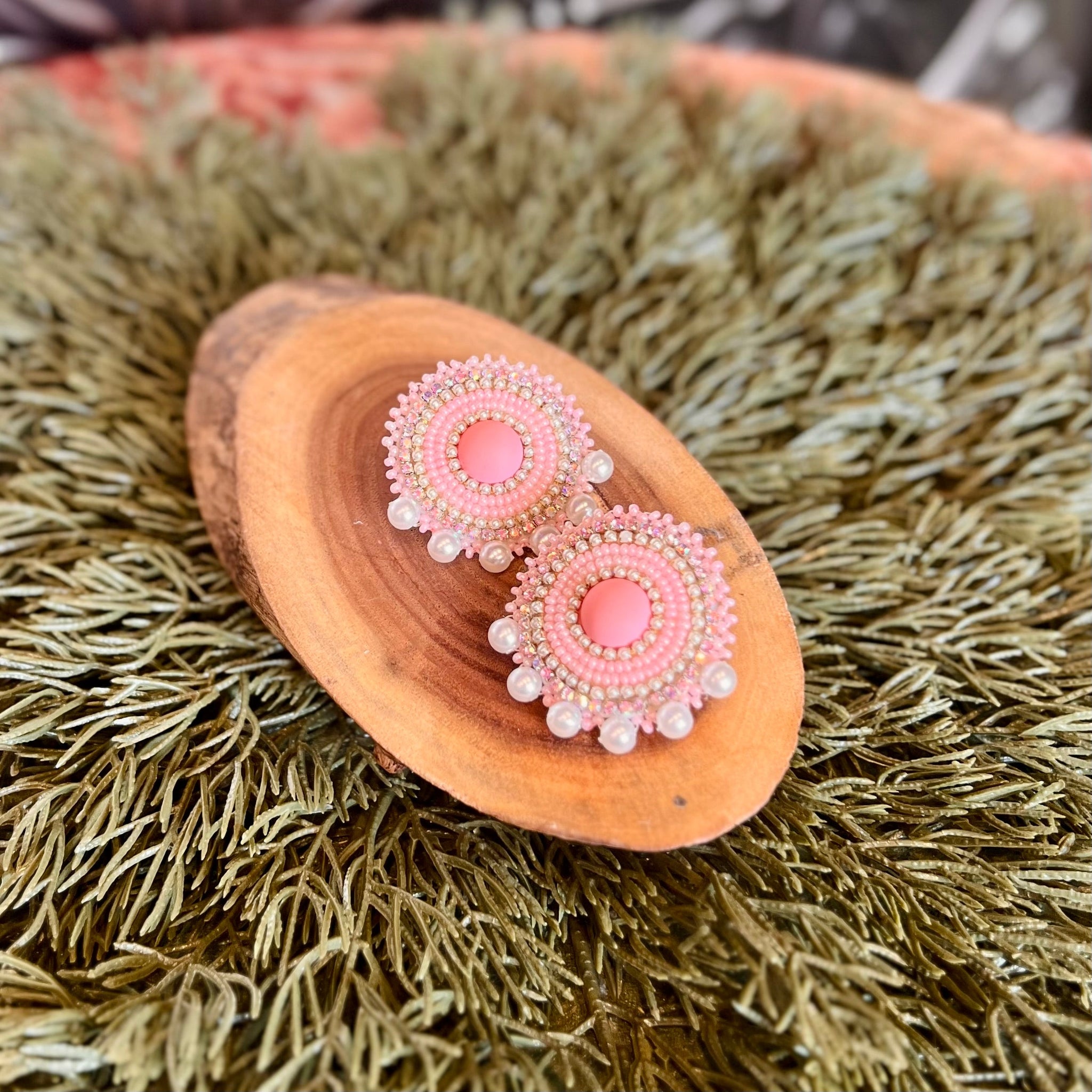 Beaded Stud Earrings - Pink