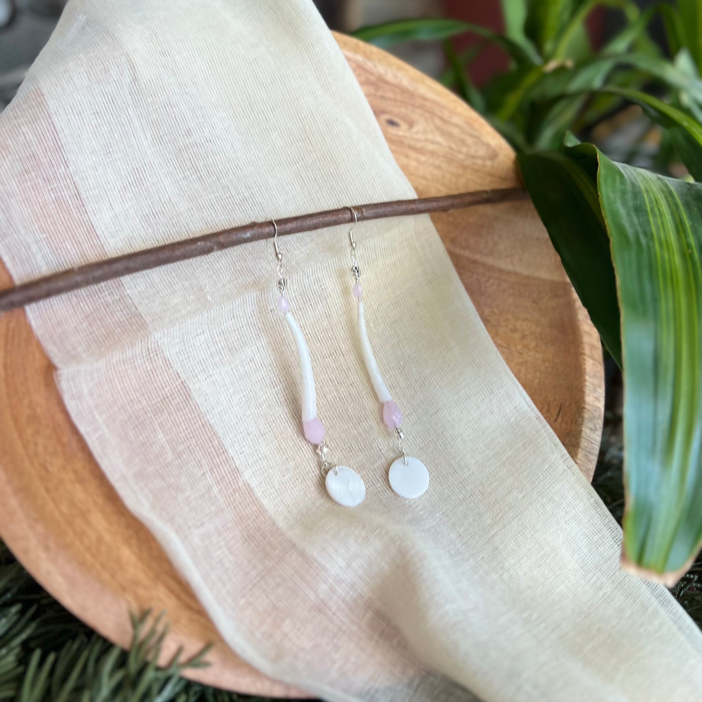 Baby Pink Dentalium Beaded Earrings (Long)