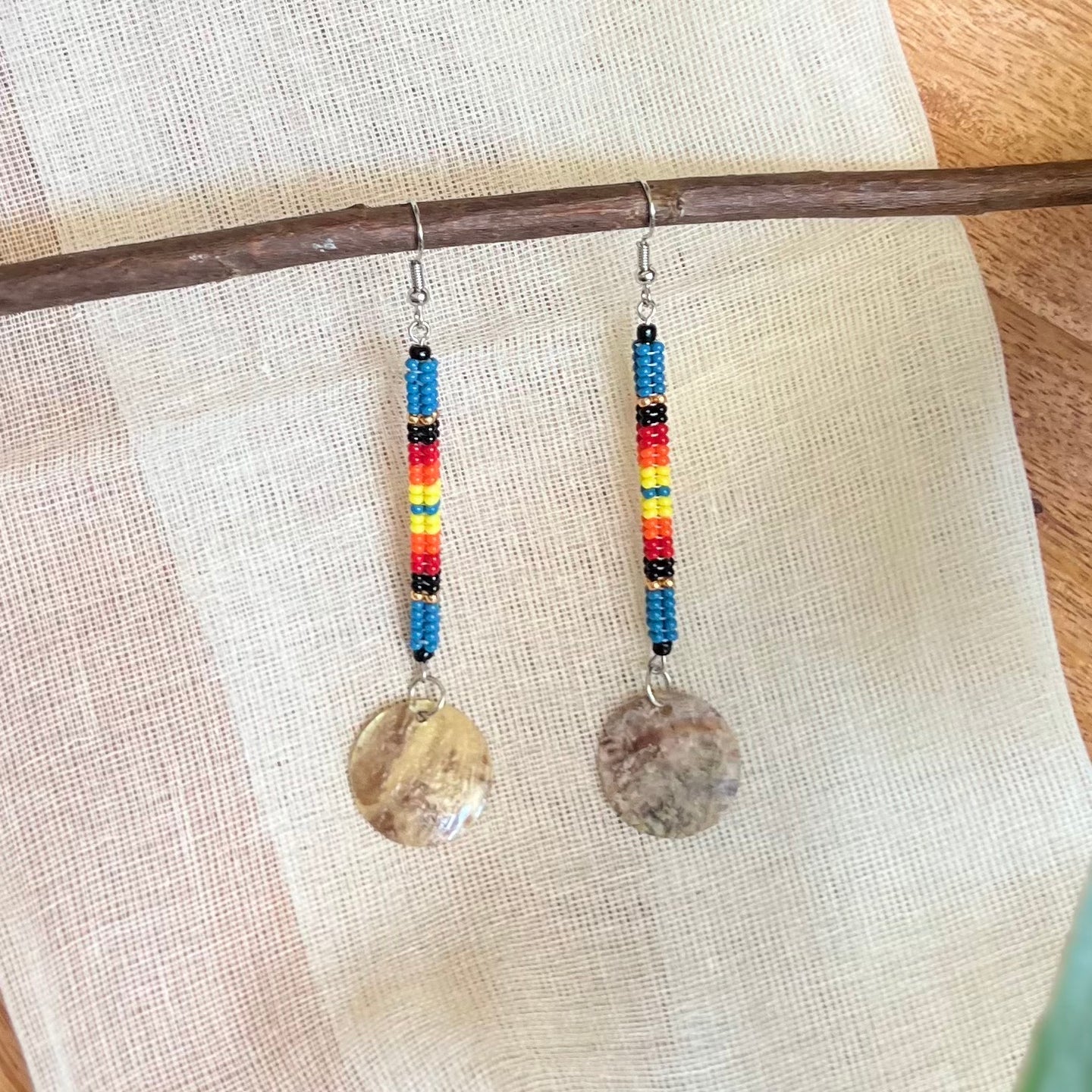 Blue Dangly Beaded Shell Earrings (Long)