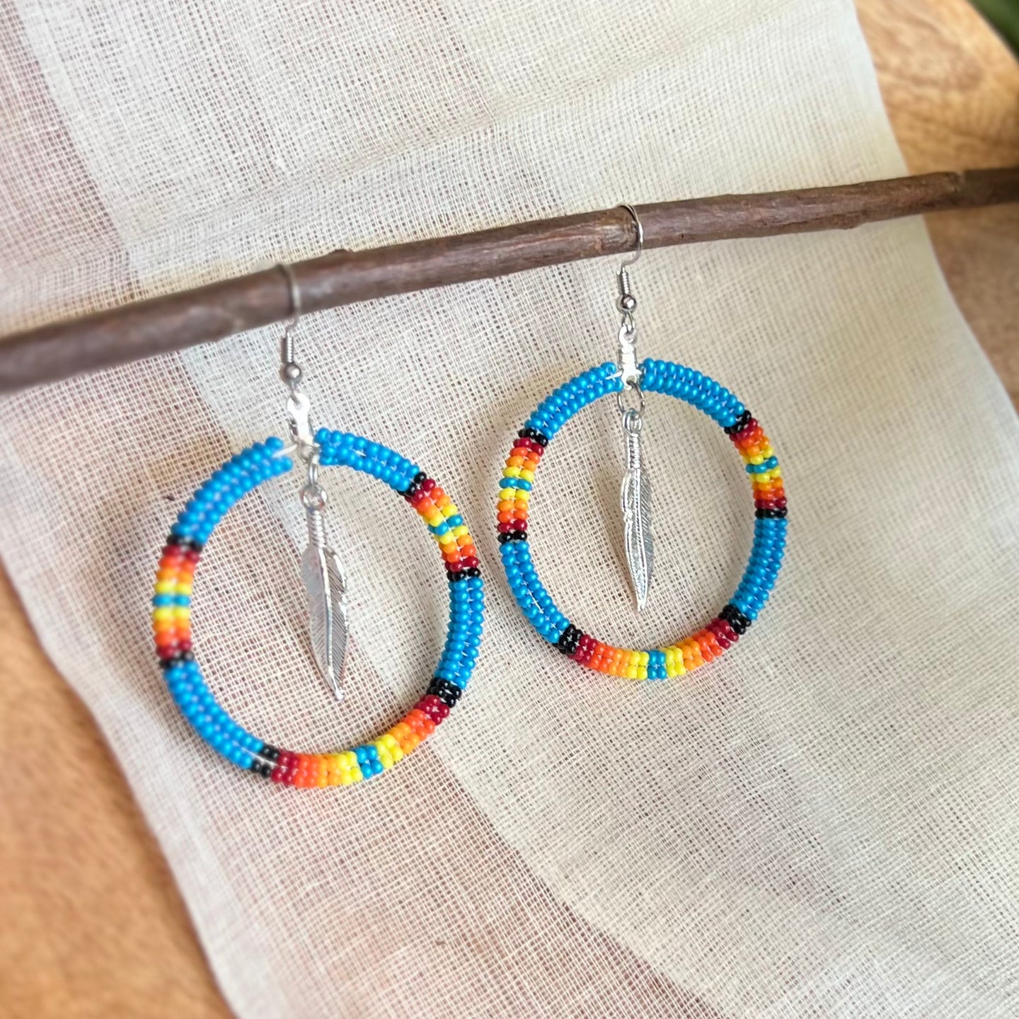 Blue Feather Beaded Hoop Earrings (Medium)