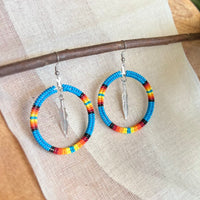 Blue Feather Beaded Hoop Earrings (Medium)