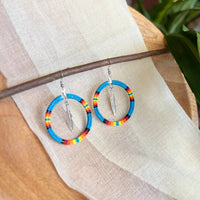 Blue Feather Beaded Hoop Earrings (Medium)