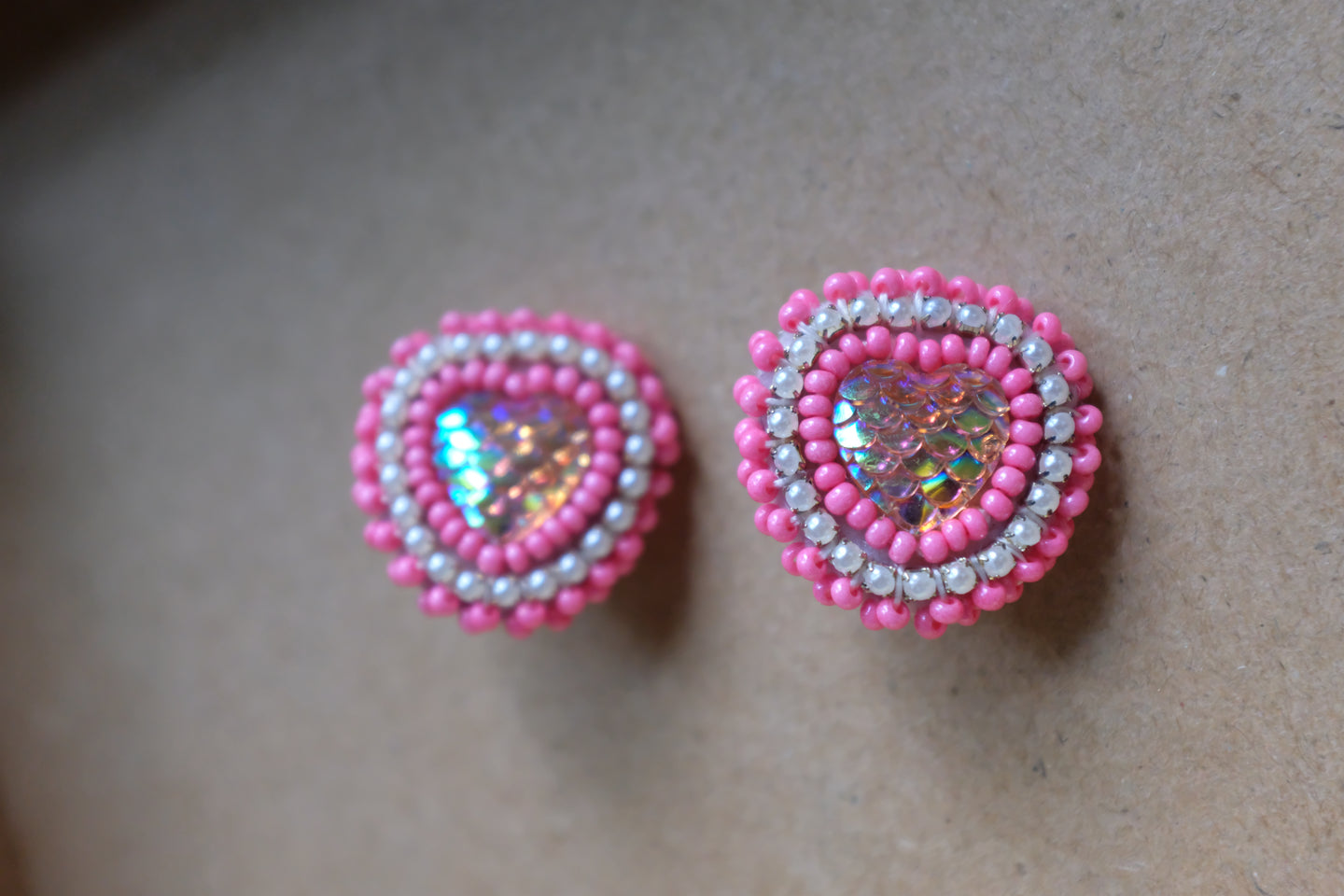 Pink Heart Clip-on Beaded Earrings