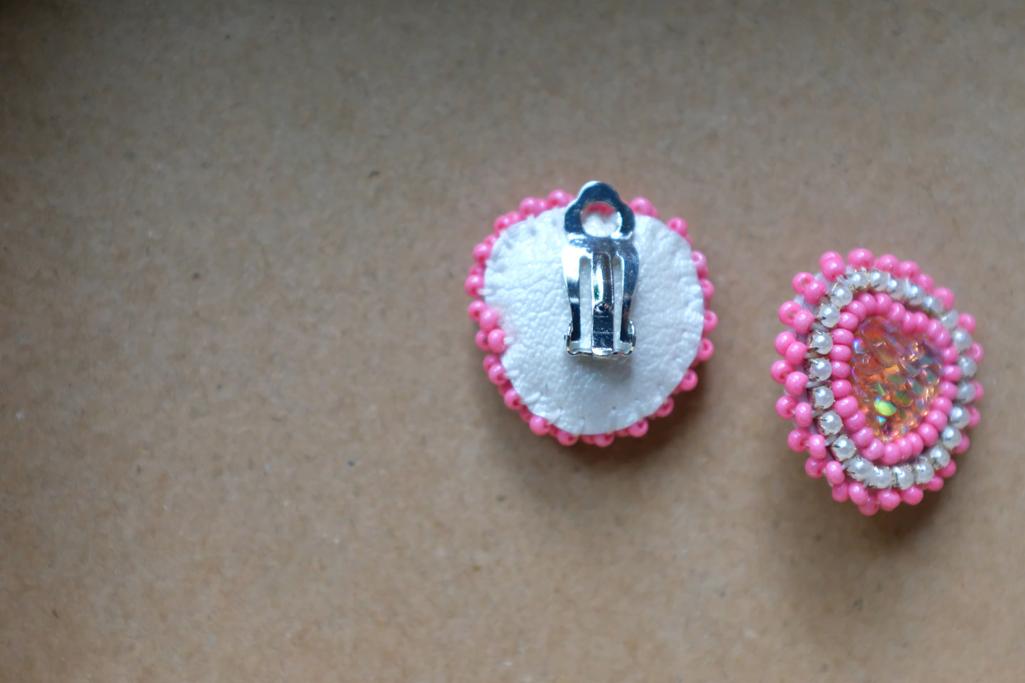 Pink Heart Clip-on Beaded Earrings