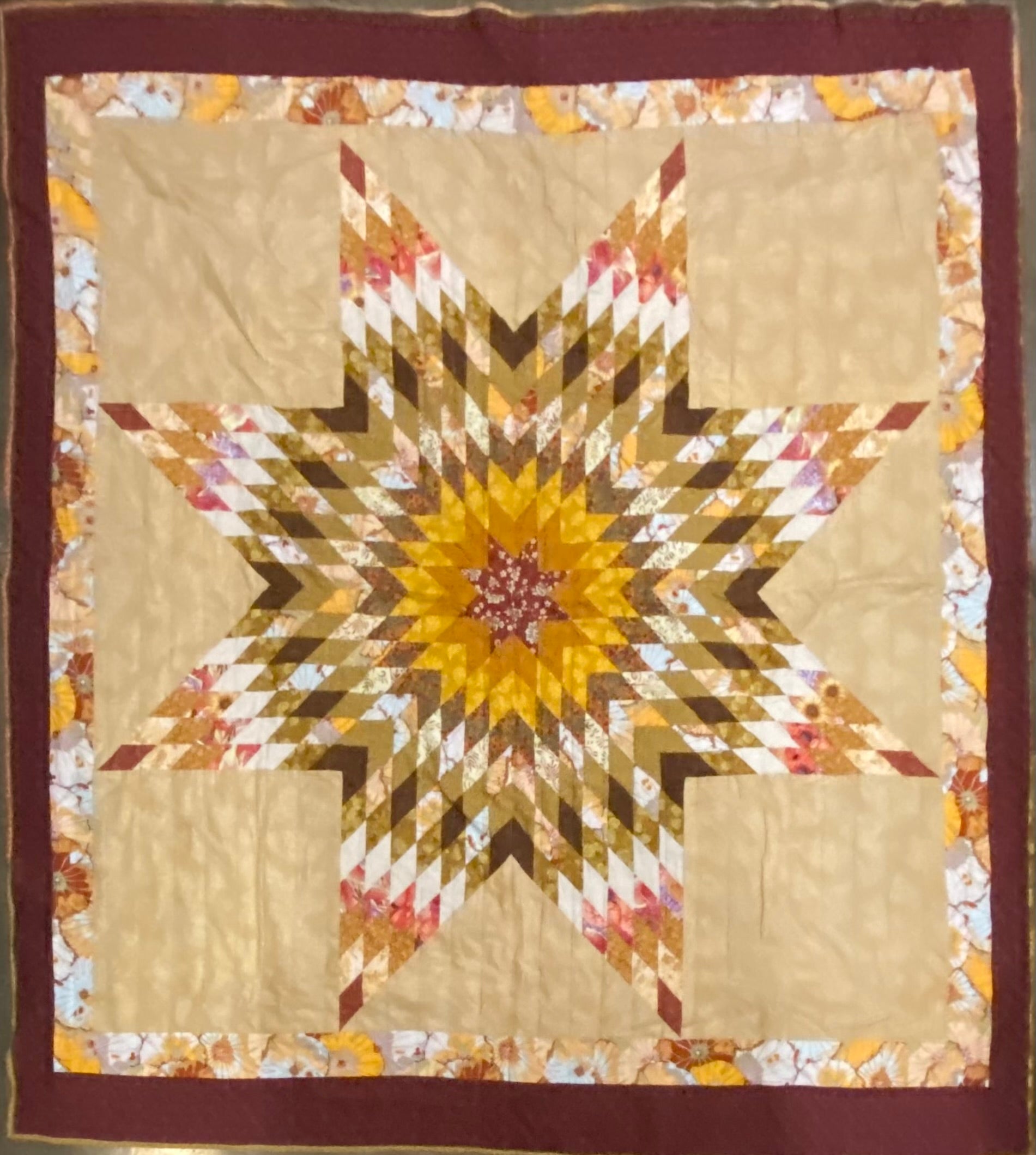 Cream and Maroon Full Sized Star Quilt