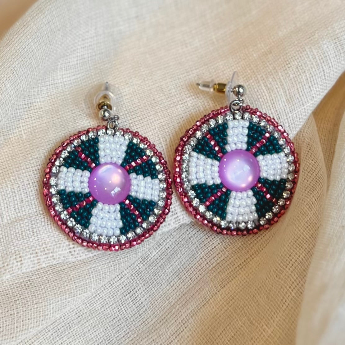 White and Pink Round Beaded Earrings