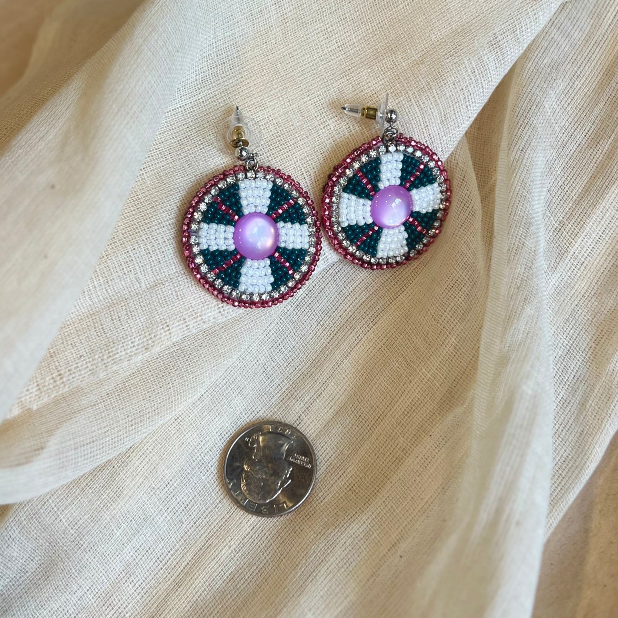 White and Pink Round Beaded Earrings