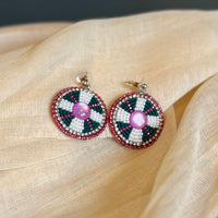 White and Pink Round Beaded Earrings