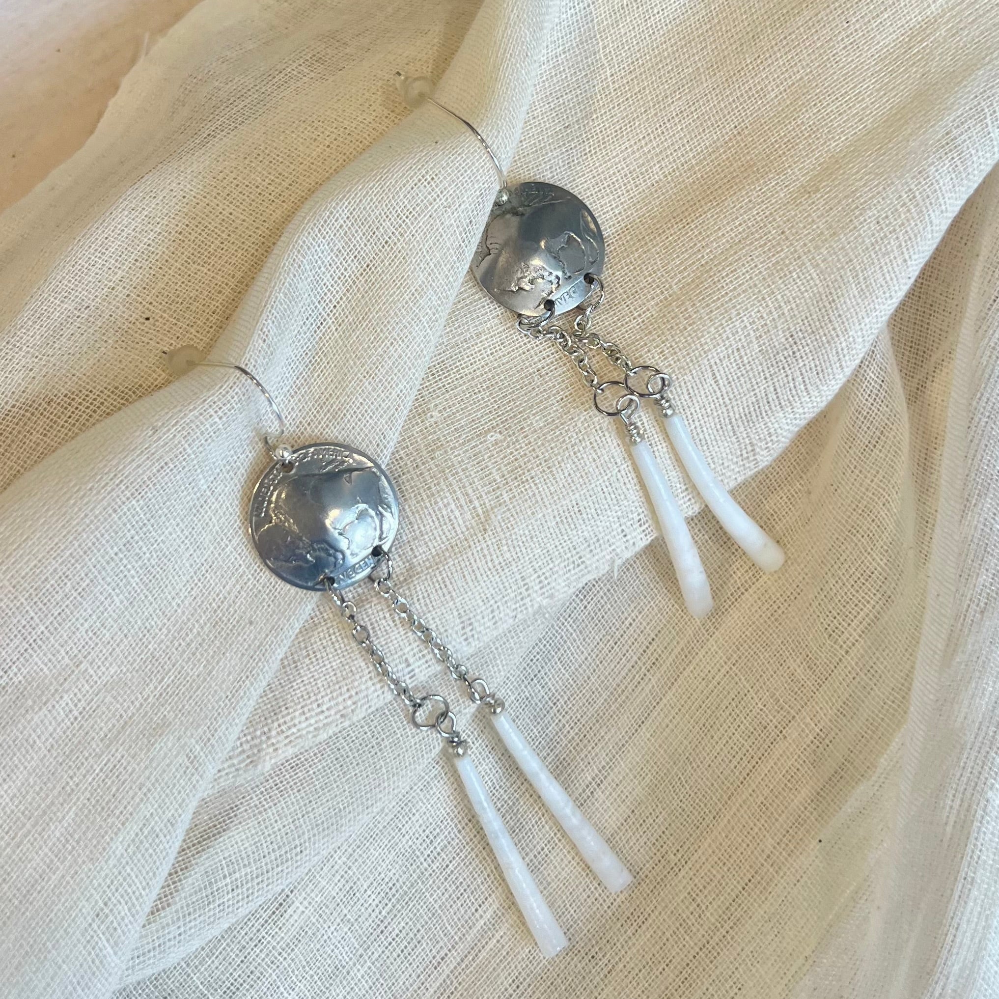 Buffalo Nickel Long Dentalium Earrings