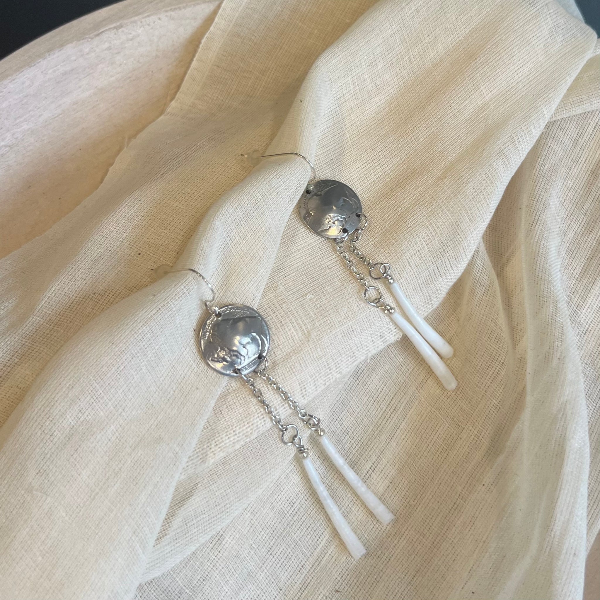 Buffalo Nickel Long Dentalium Earrings