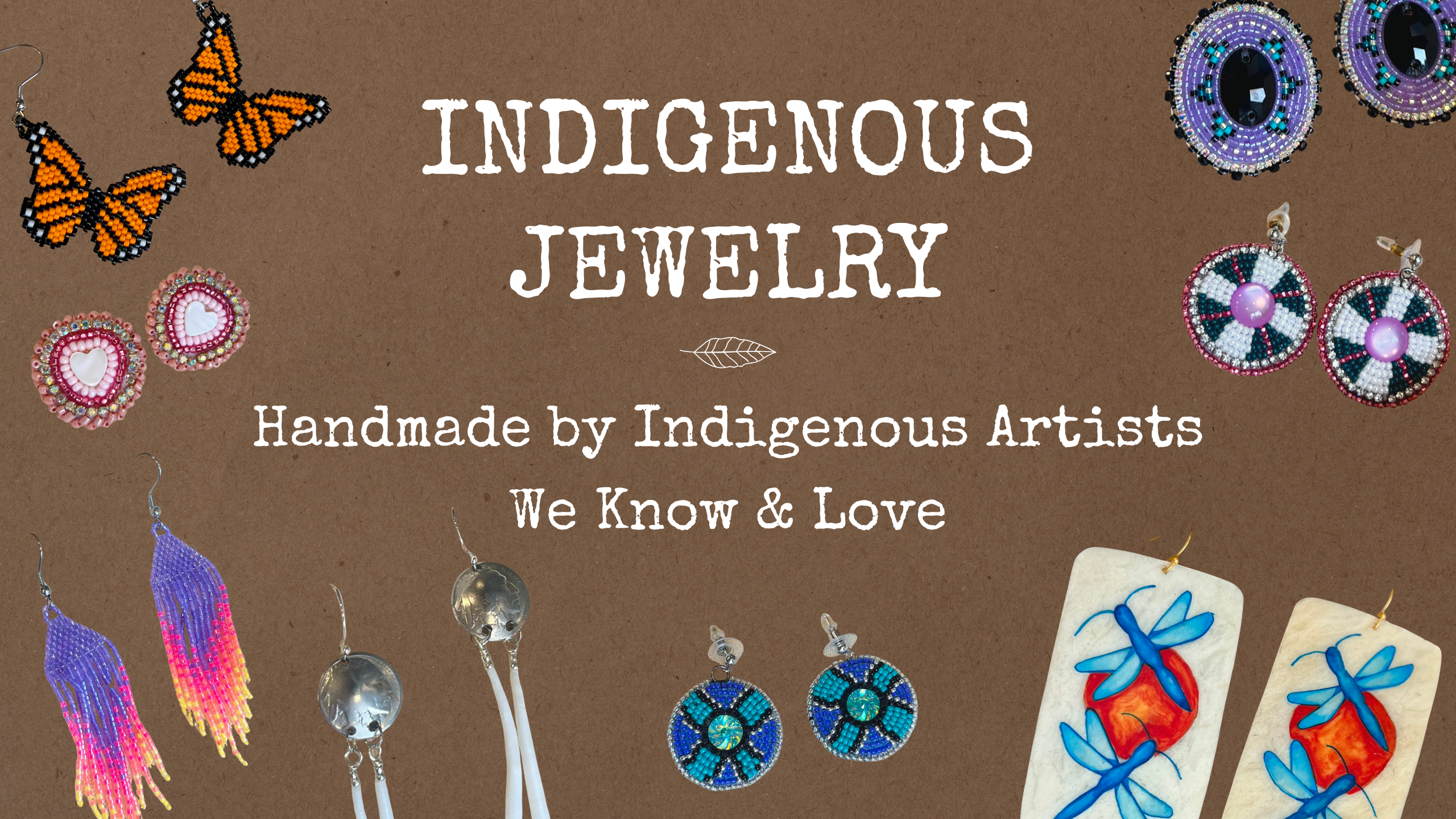 Indigenous jewelry display with text on a brown background