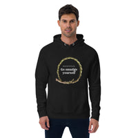 White man wearing a black hoodie that says respectfully go smudge yourself