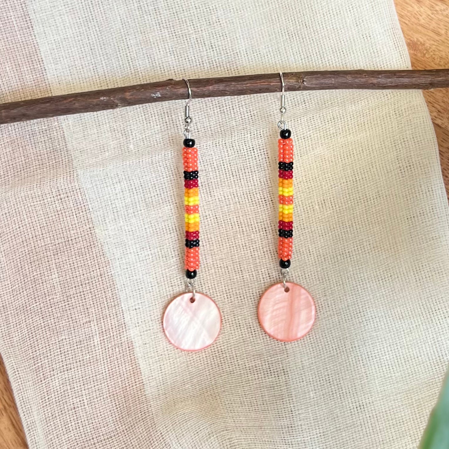 Orange Shell Dangly Beaded Earrings (Long)