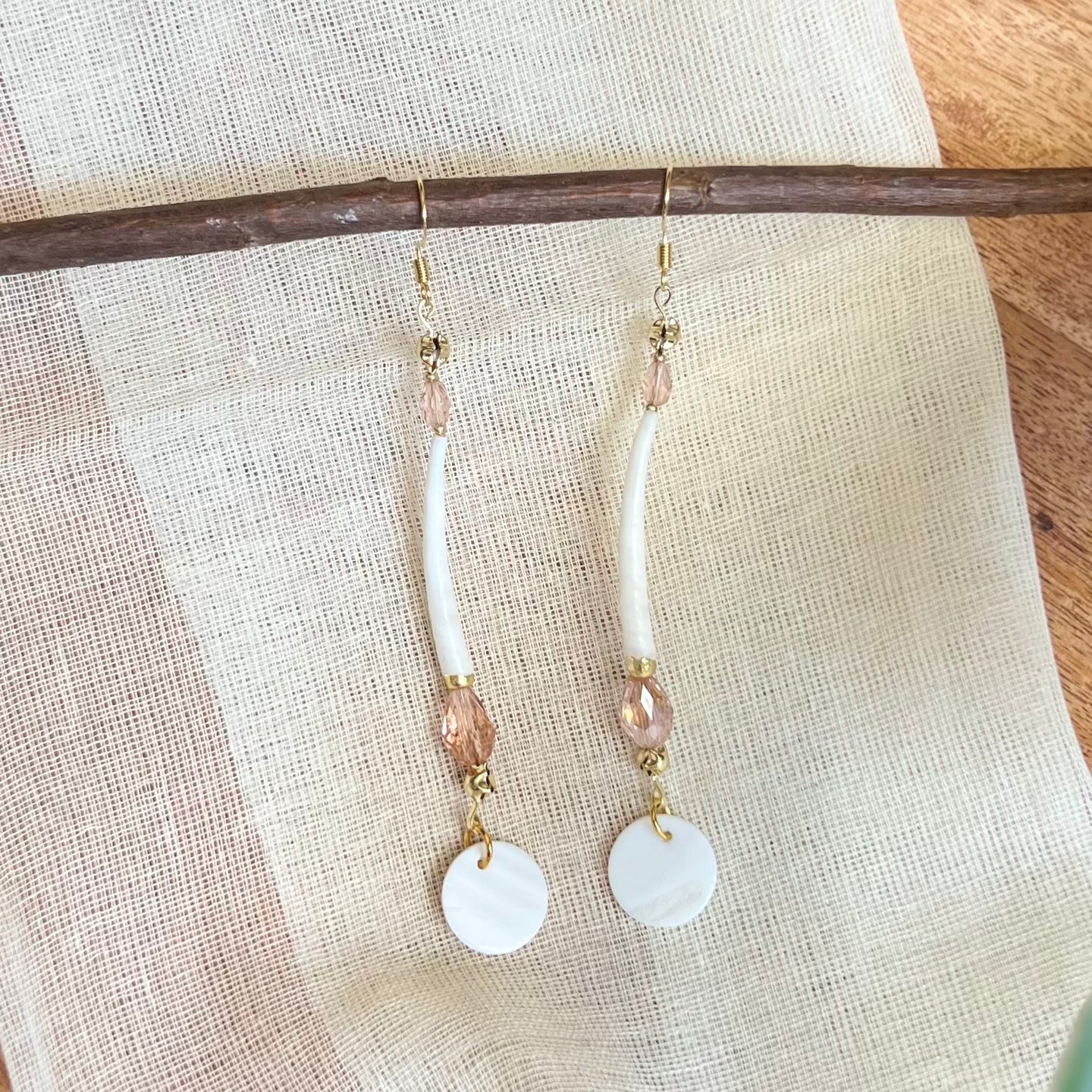 Peach Dentalium Beaded Earrings (Long)