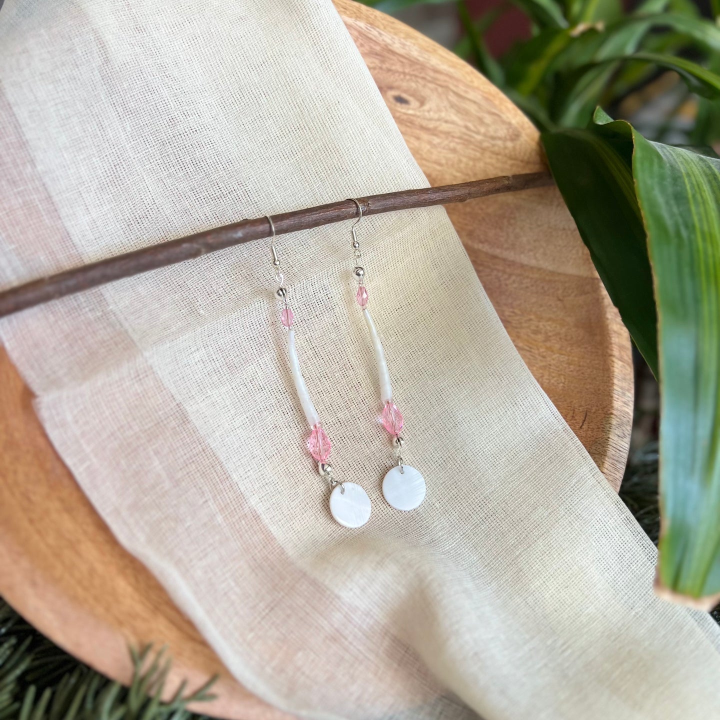 Pink Dentalium Beaded Earrings (Long)