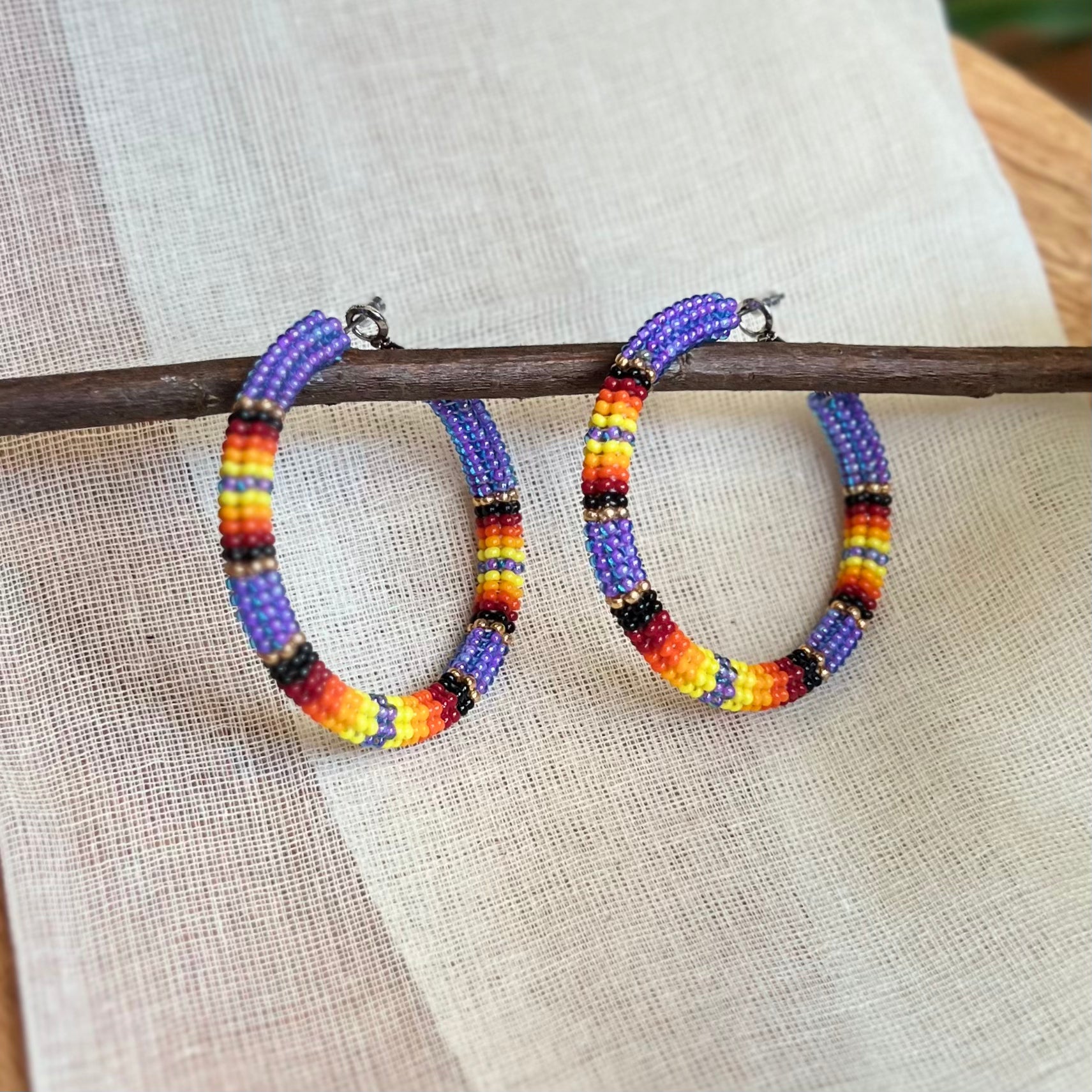 Purple Beaded Hoop Earrings (Medium)