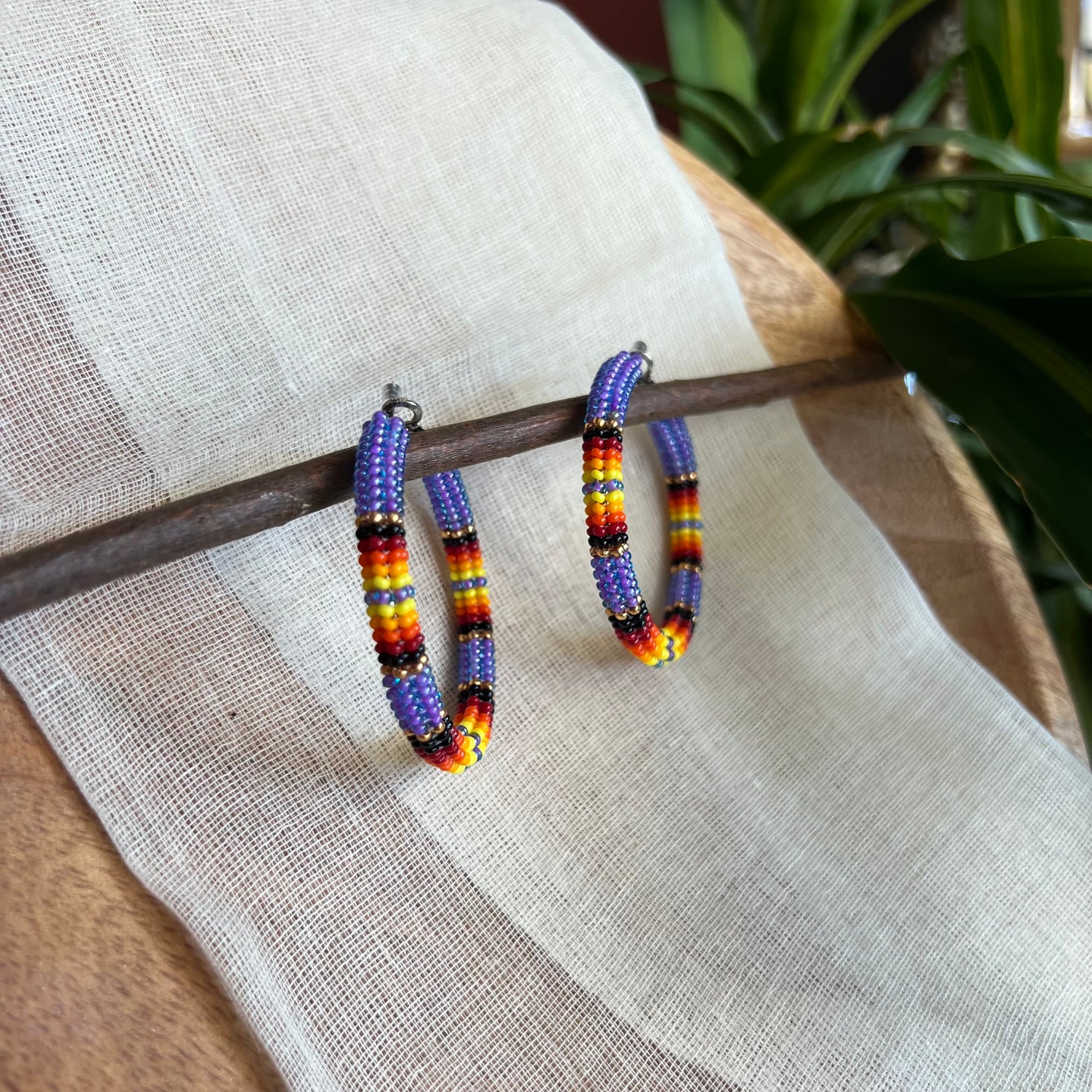 Purple Beaded Hoop Earrings (Medium)