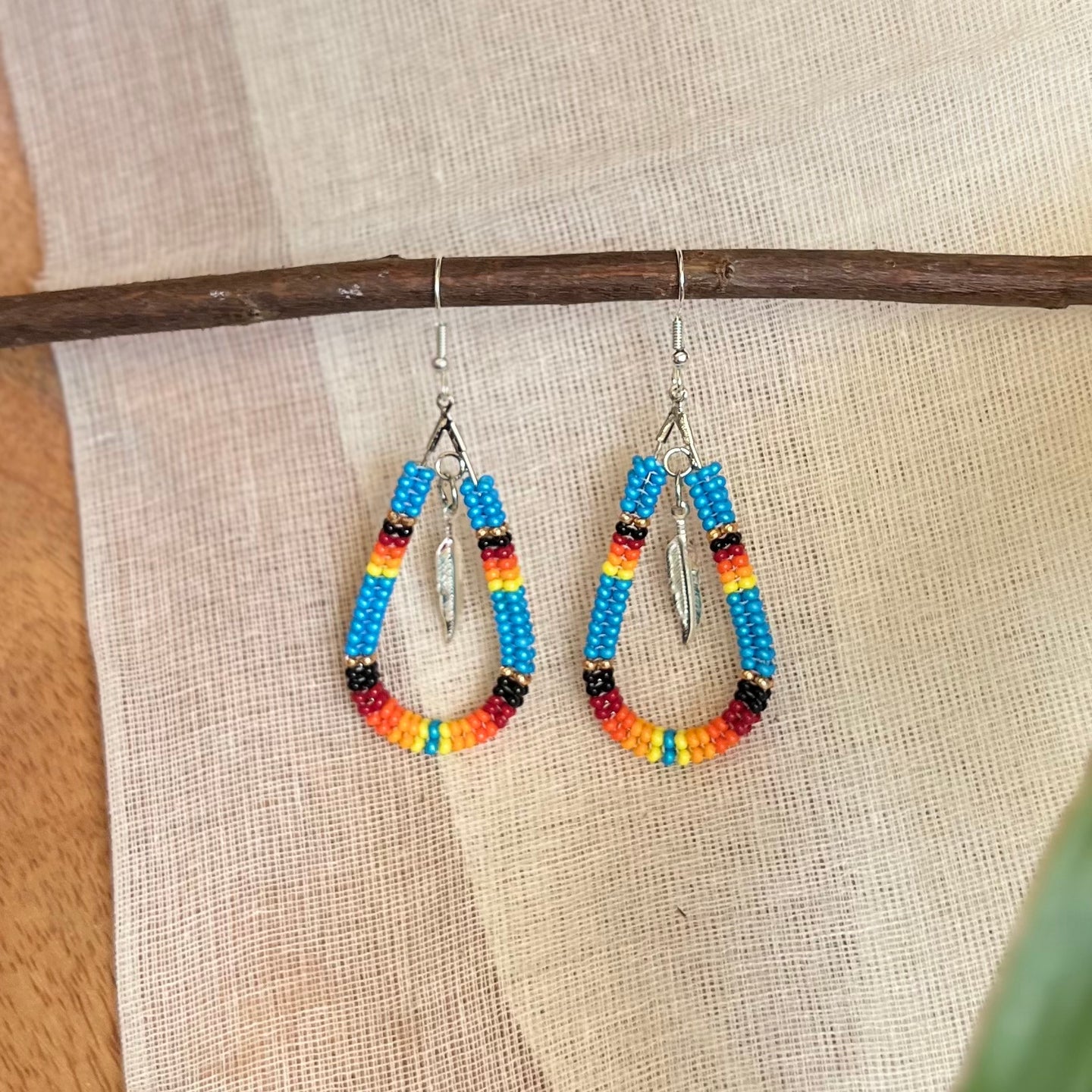 Turquoise Feather Dangly Beaded Earrings (Medium)