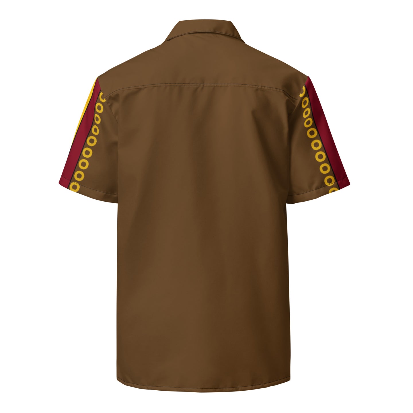 The back side of a brown mens buttondown shirt with a yellow and red geometric pattern on the short sleeves.