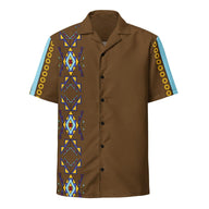 An image of a brown button down shirt featuring geometric native indigenous designs